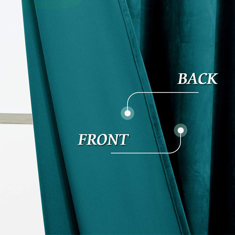Teal velvet blackout curtain close-up, highlighting thick front and back panels for noise reduction and luxury living room appeal.