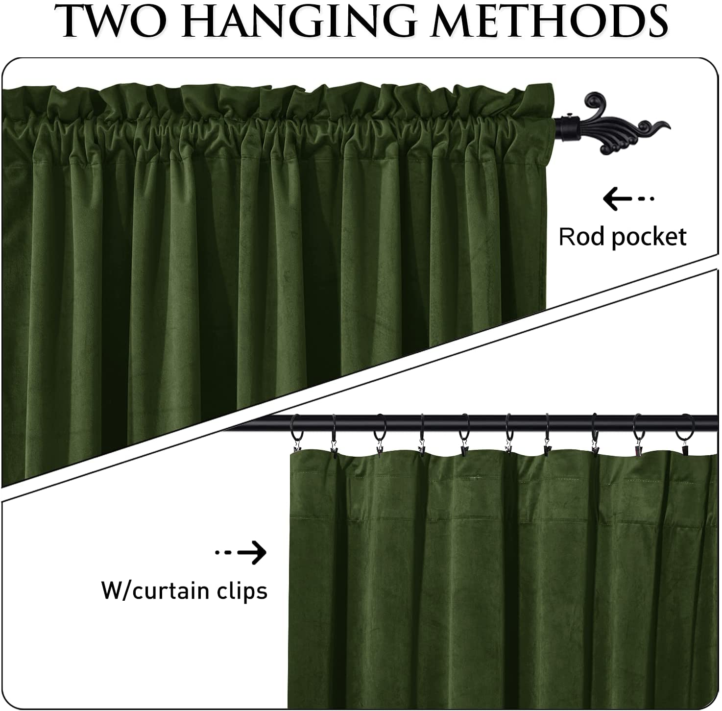 Two hanging methods for dark green velvet blackout curtains: rod pocket on decorative rod and clip rings on a sleek black rod.