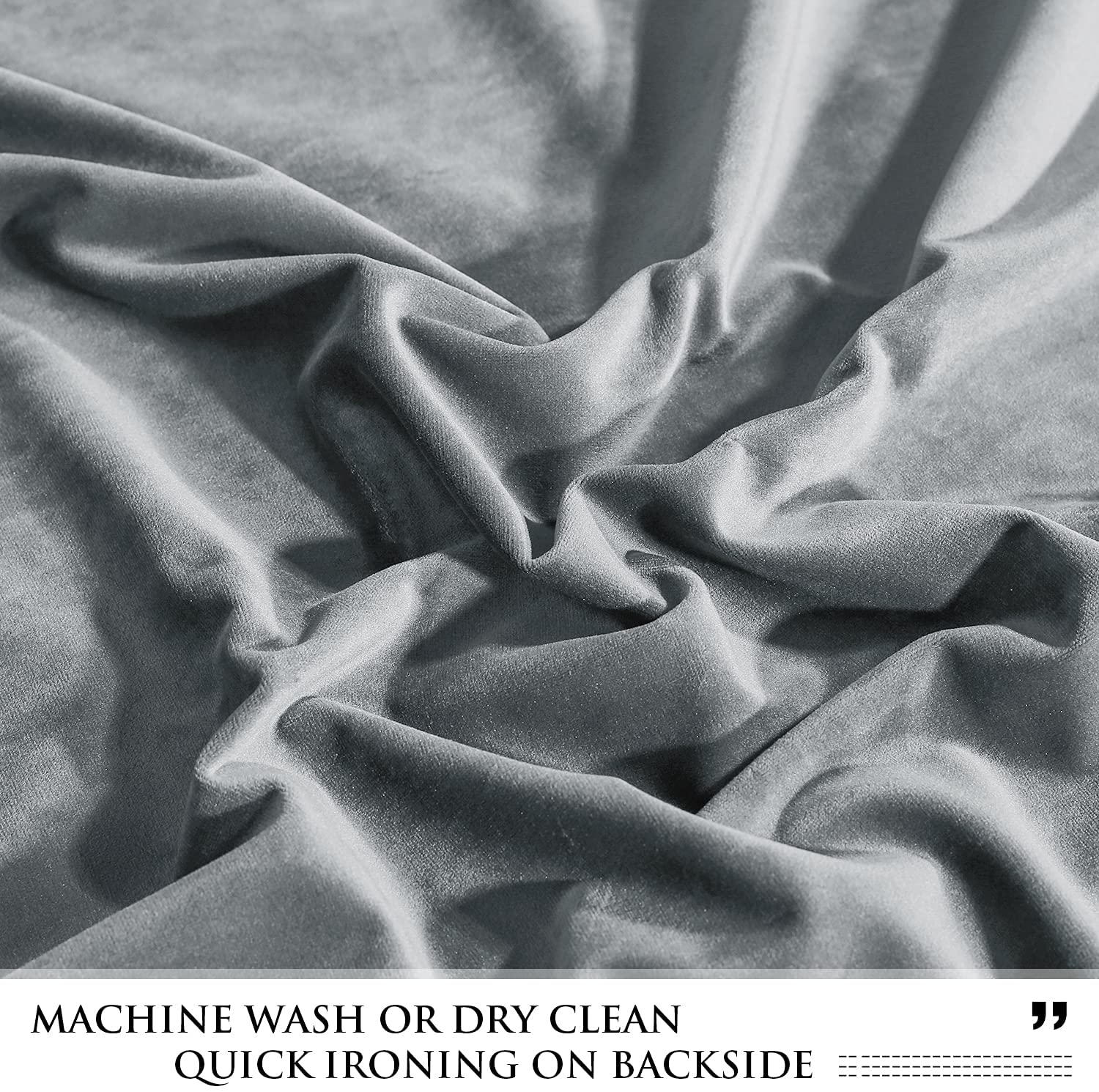 Close-up of luxurious gray velvet fabric for blackout curtains, highlighting its soft texture and elegant folds.