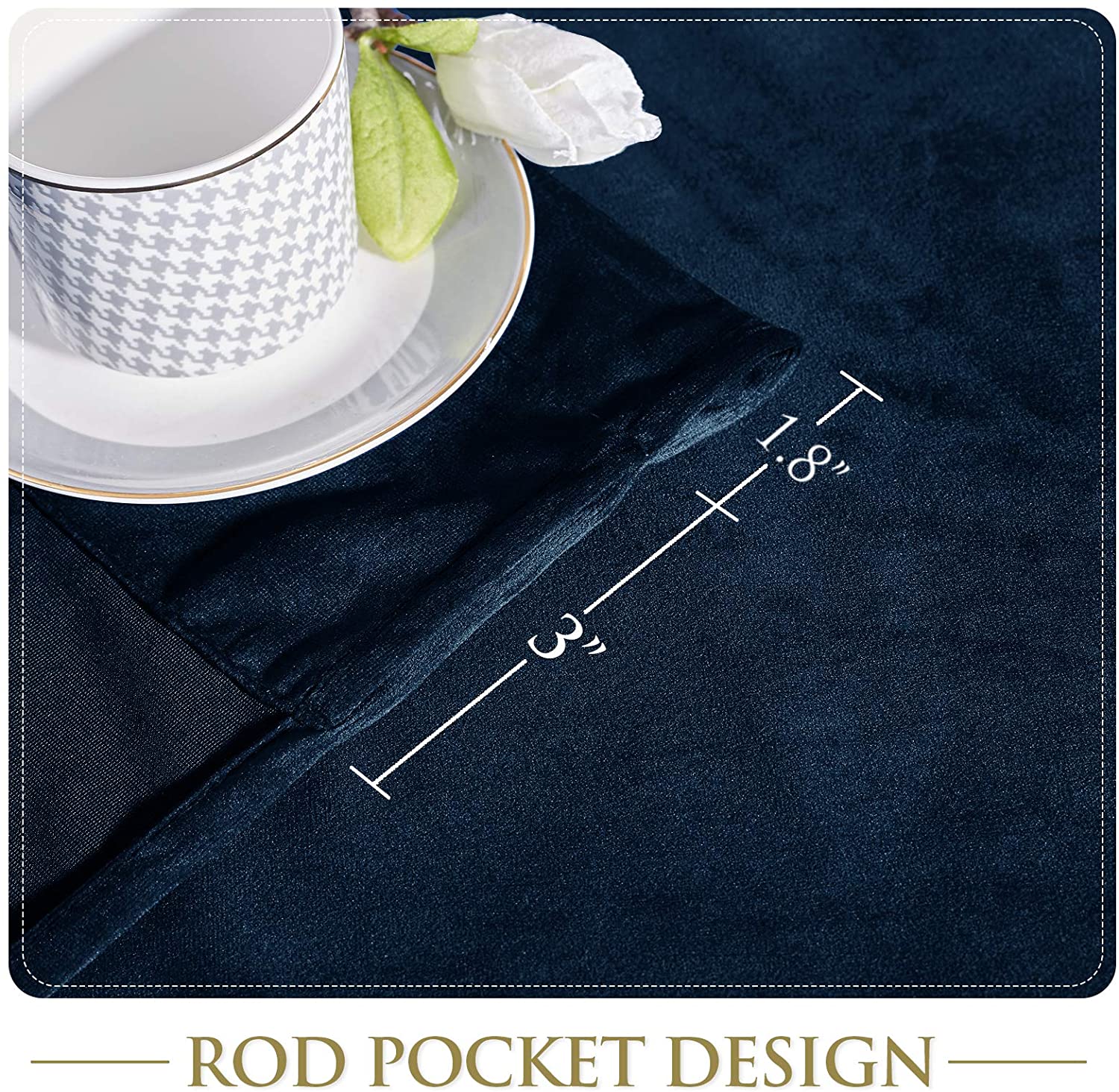 Detail of dark blue luxury blackout velvet curtain with rod pocket design, showing 1.8" ruffle and 3" pocket for easy hanging.