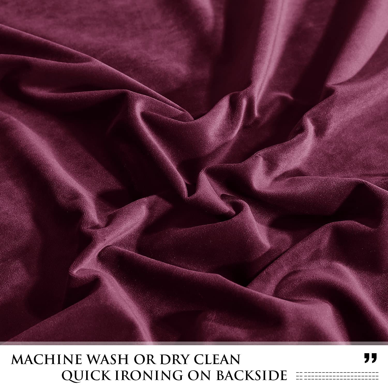 Close-up of rich burgundy luxury blackout velvet curtain fabric with soft folds, highlighting its plush texture.