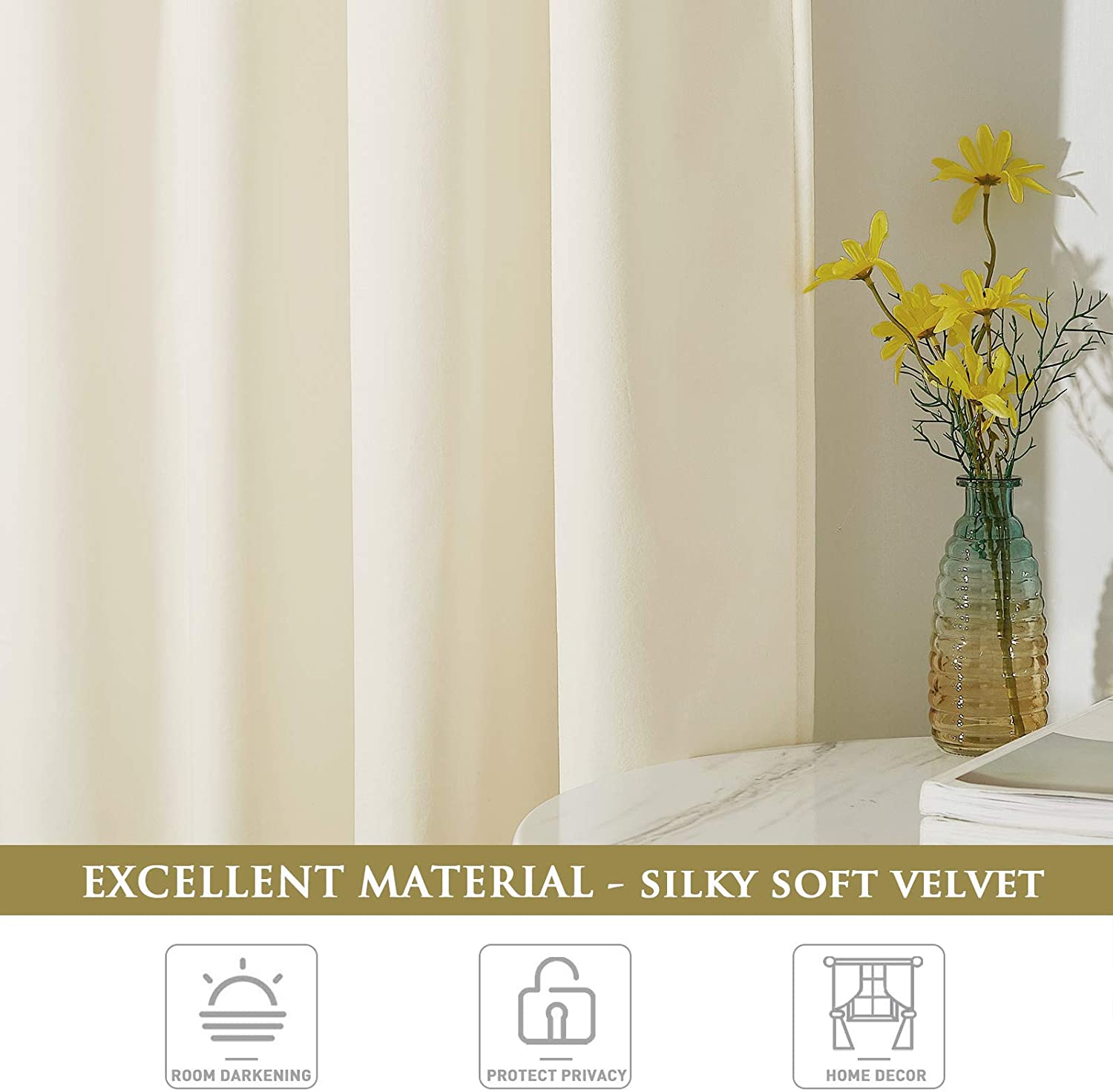 Luxurious cream velvet blackout curtain, showcasing silky soft texture and elegant folds for living room or bedroom decor.