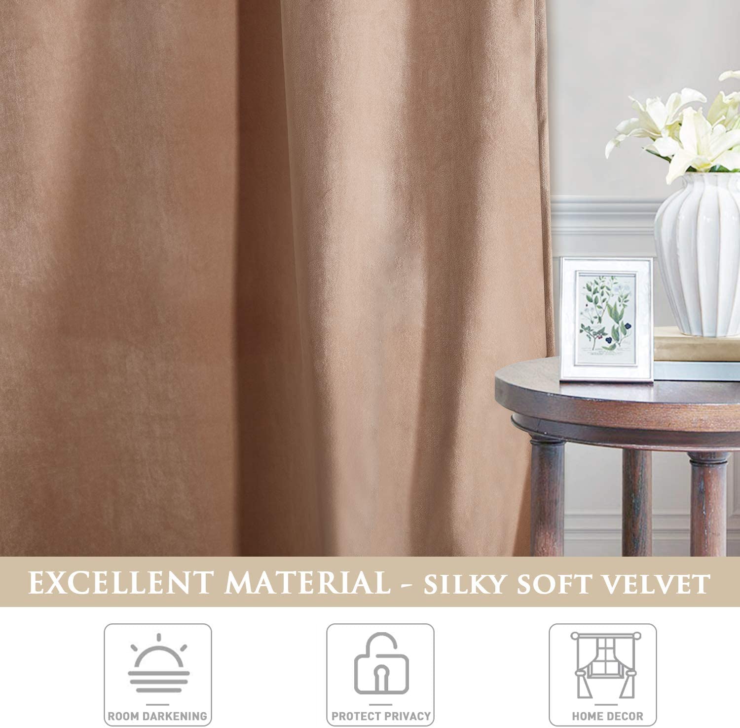 Close-up of luxurious silky soft beige velvet blackout curtain with rod pocket design, ideal for noise reducing living room or bedroom privacy.
