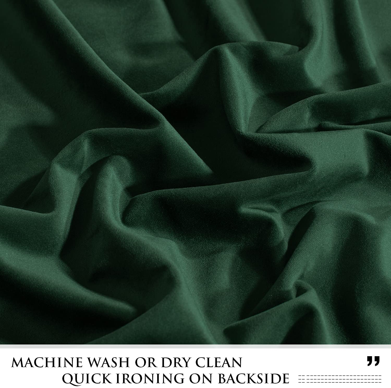Close-up of luxurious deep green velvet blackout curtain fabric, showcasing soft texture and elegant folds for home decor.