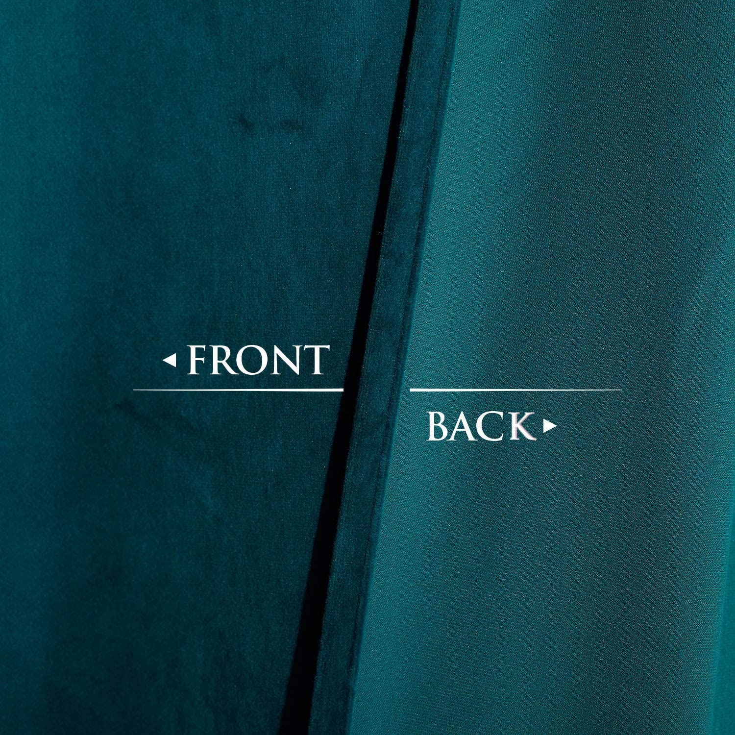 Emerald velvet blackout curtain fabric comparison, showing plush front texture and smooth back lining for noise reduction.