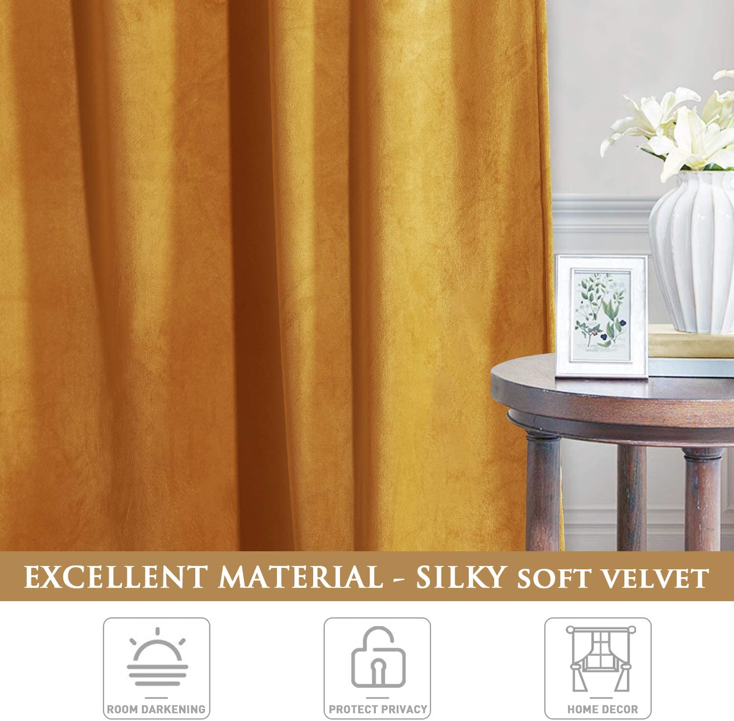 Close-up of opulent golden velvet blackout curtain fabric, showcasing its silky texture. Perfect for luxury living room & bedroom decor.