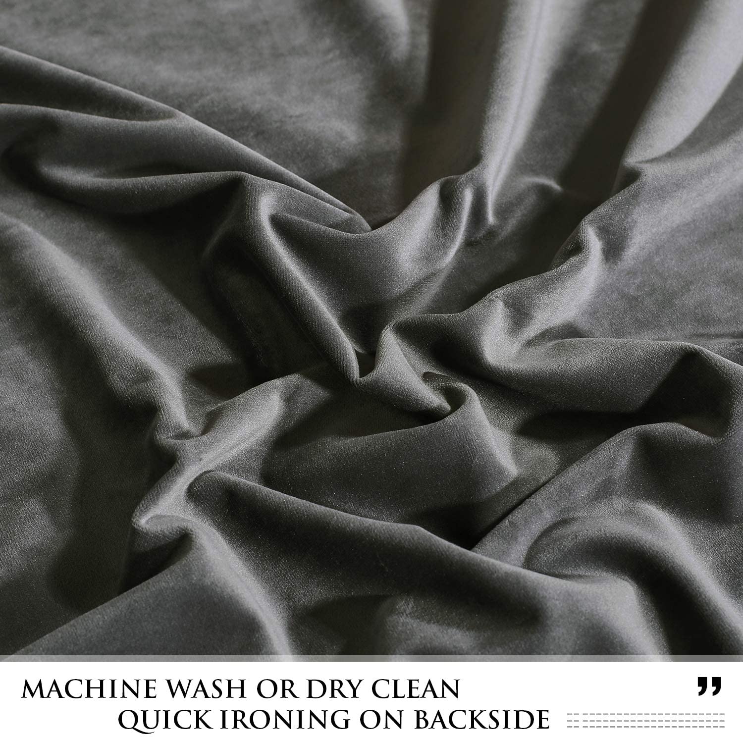 Close-up of luxurious dark grey velvet curtain fabric with soft, rich texture and elegant folds, perfect for blackout & noise reduction.