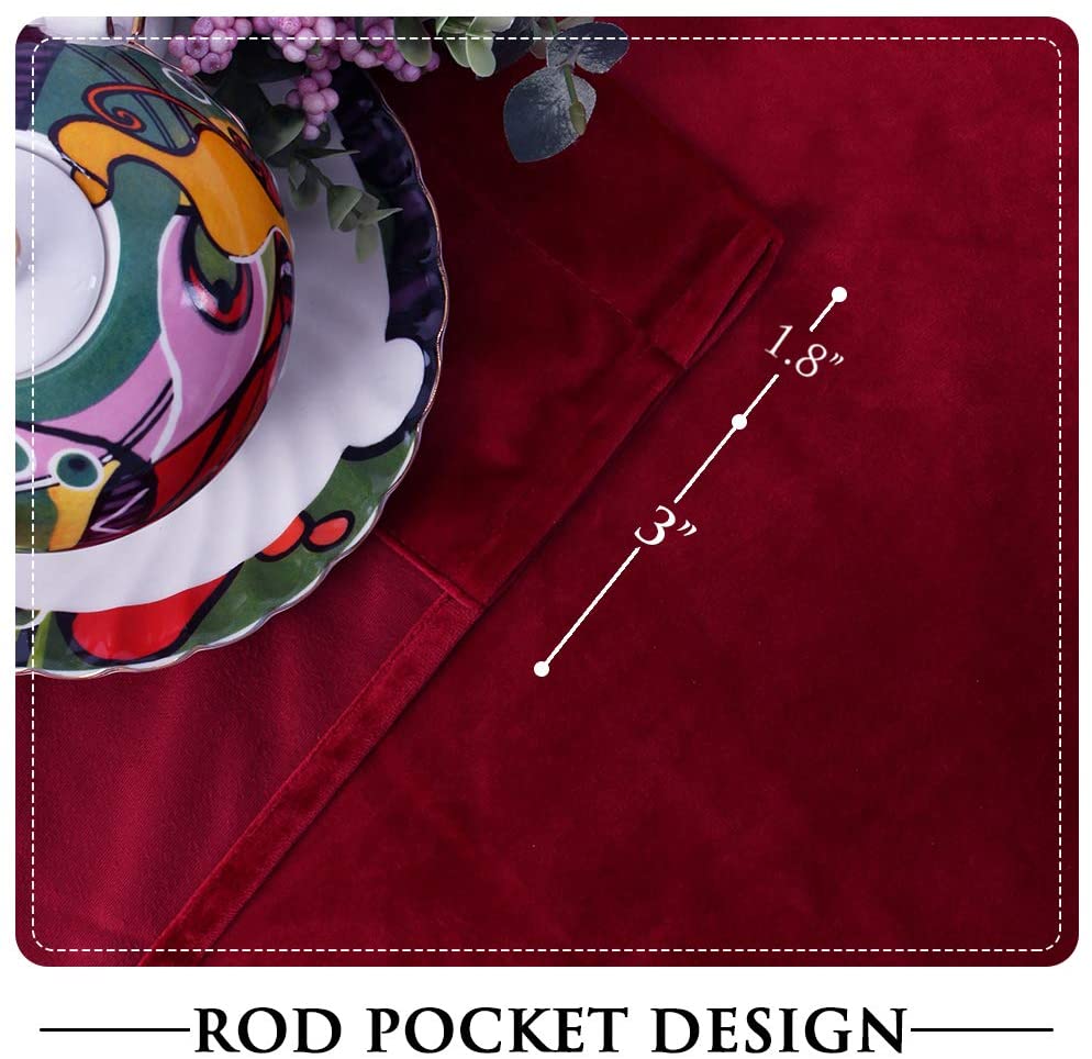 Detailed view of a deep red luxury velvet curtain, highlighting the 1.8" rod pocket opening & 3" total height for easy hanging.