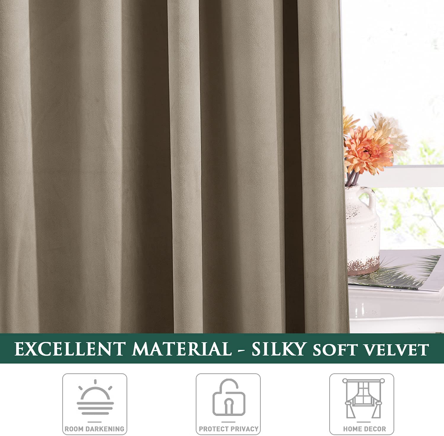 Close-up of luxurious beige velvet blackout curtain, highlighting its silky soft texture and elegant folds, perfect for living room or bedroom.