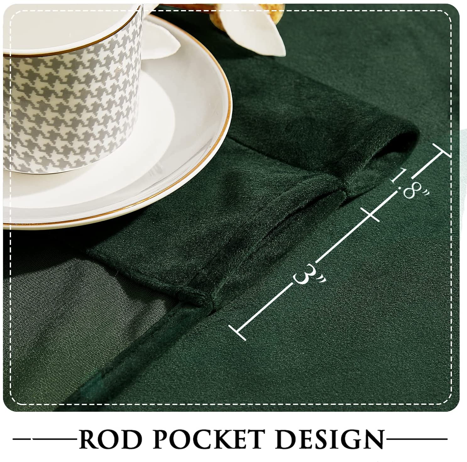 Dark green luxury blackout velvet curtain, close-up of rod pocket design: 3" pocket & 1.8" header. Noise reducing panel for bedroom.
