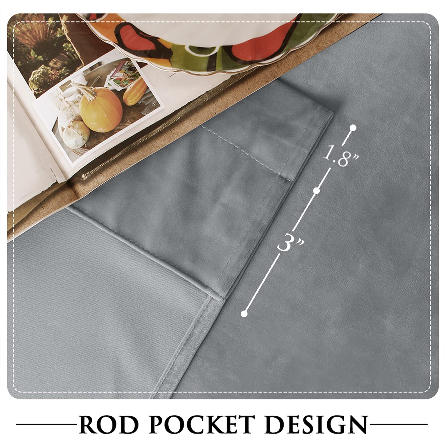 Grey luxury velvet blackout curtain detail, showcasing rod pocket design with 1.8" opening and 3" deep pocket for easy hanging.