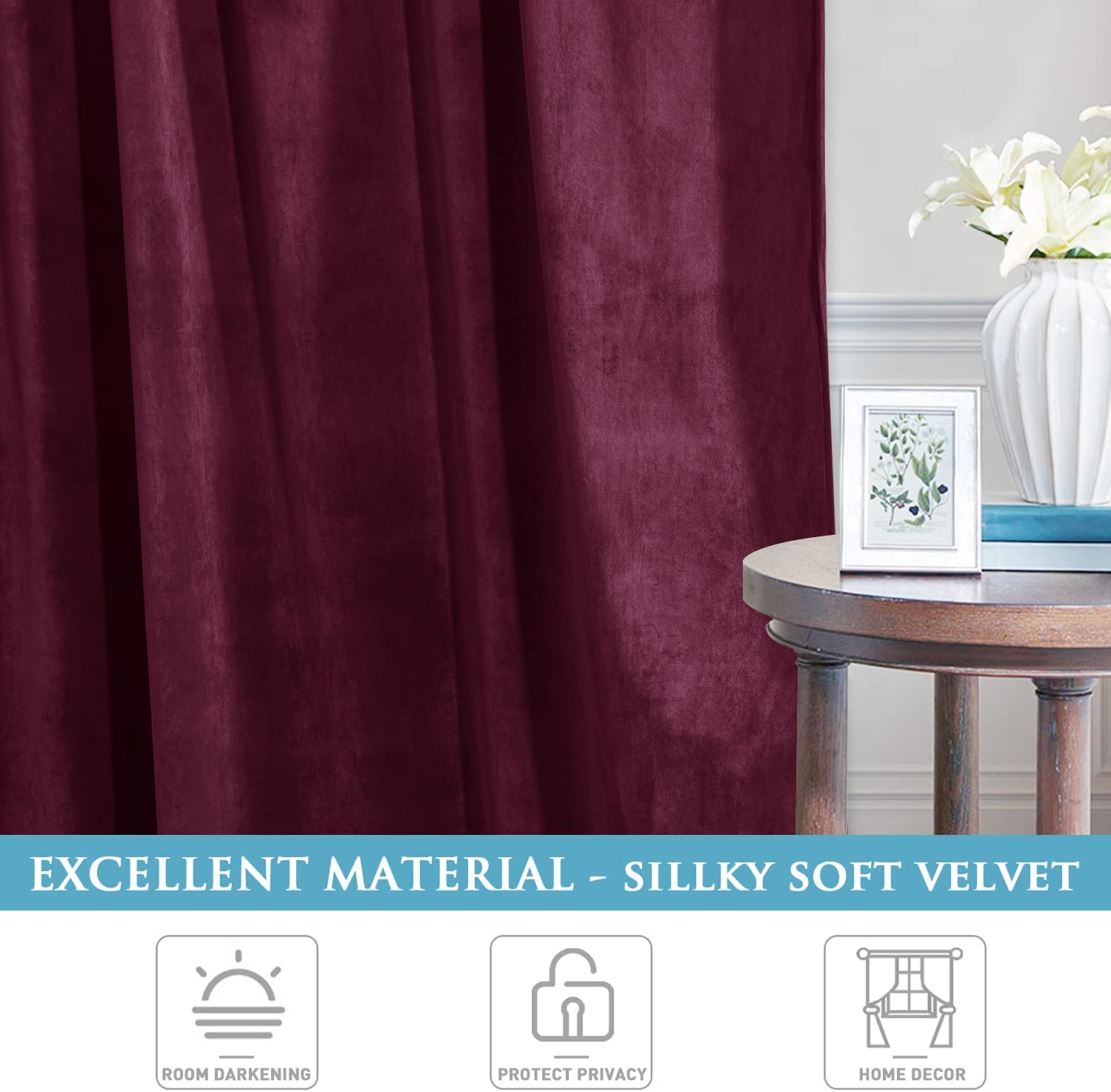 Luxurious burgundy velvet rod pocket blackout curtain with elegant soft folds, accenting a living room side table.