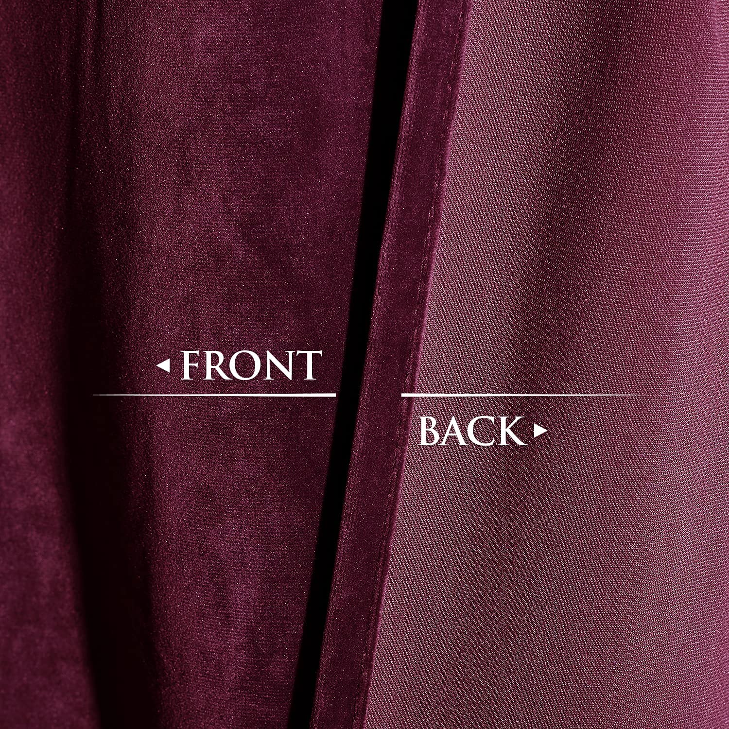 Close-up of burgundy luxury blackout velvet curtain, contrasting the plush velvet front and the smooth, light-blocking fabric back.