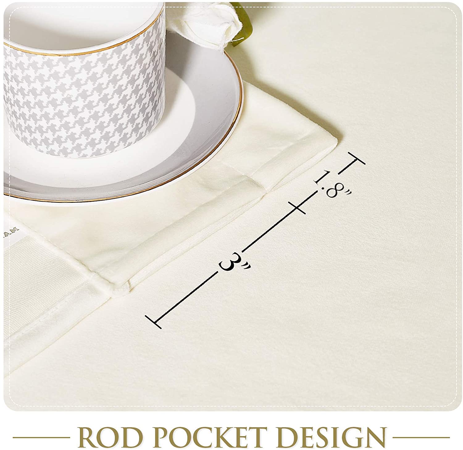 Cream velvet curtain detail highlighting the rod pocket design with 3-inch pocket and 1.8-inch header for luxury blackout curtains.