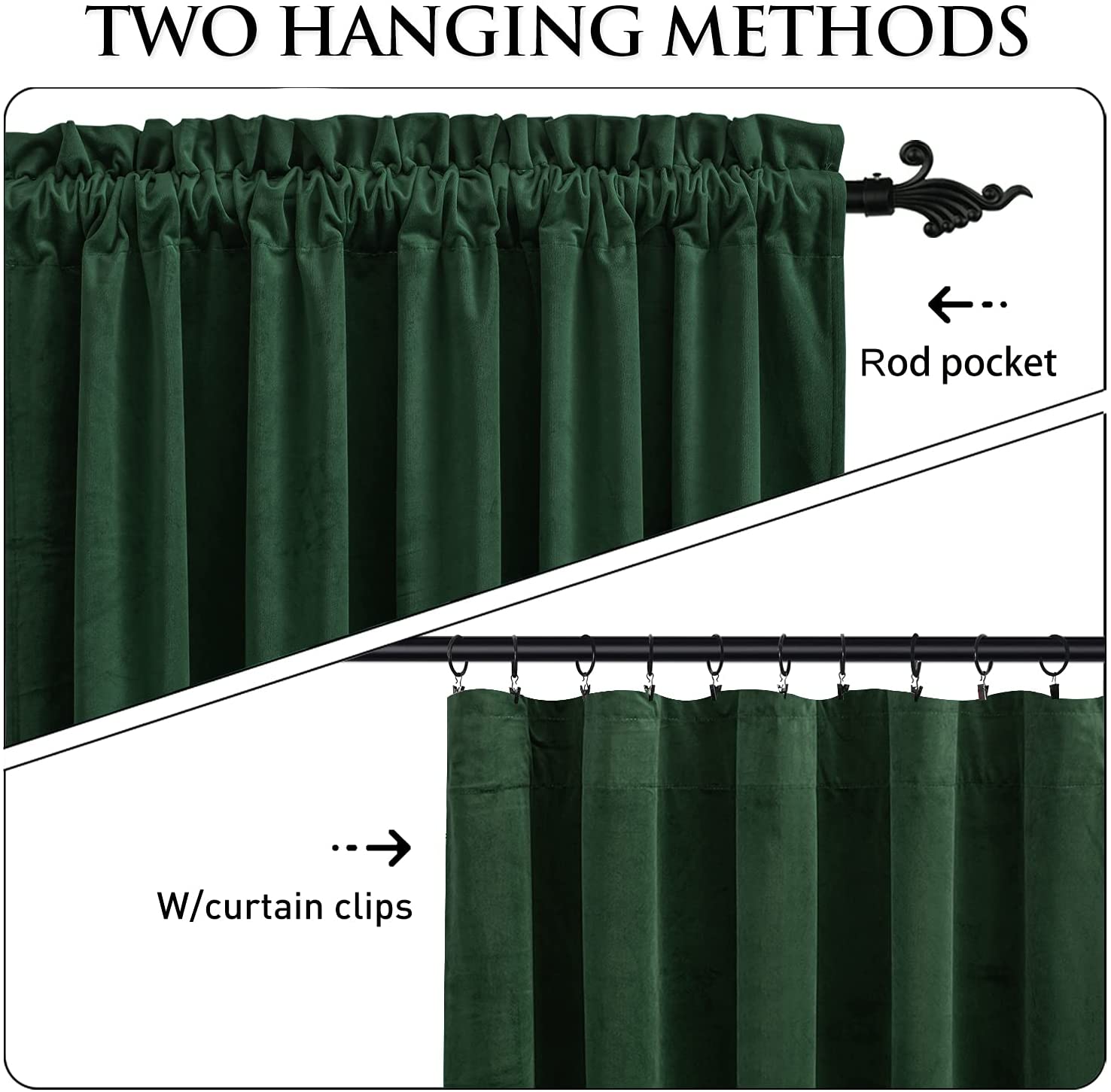 Two methods for hanging dark green luxury velvet curtains: rod pocket on a decorative rod and with curtain clips.