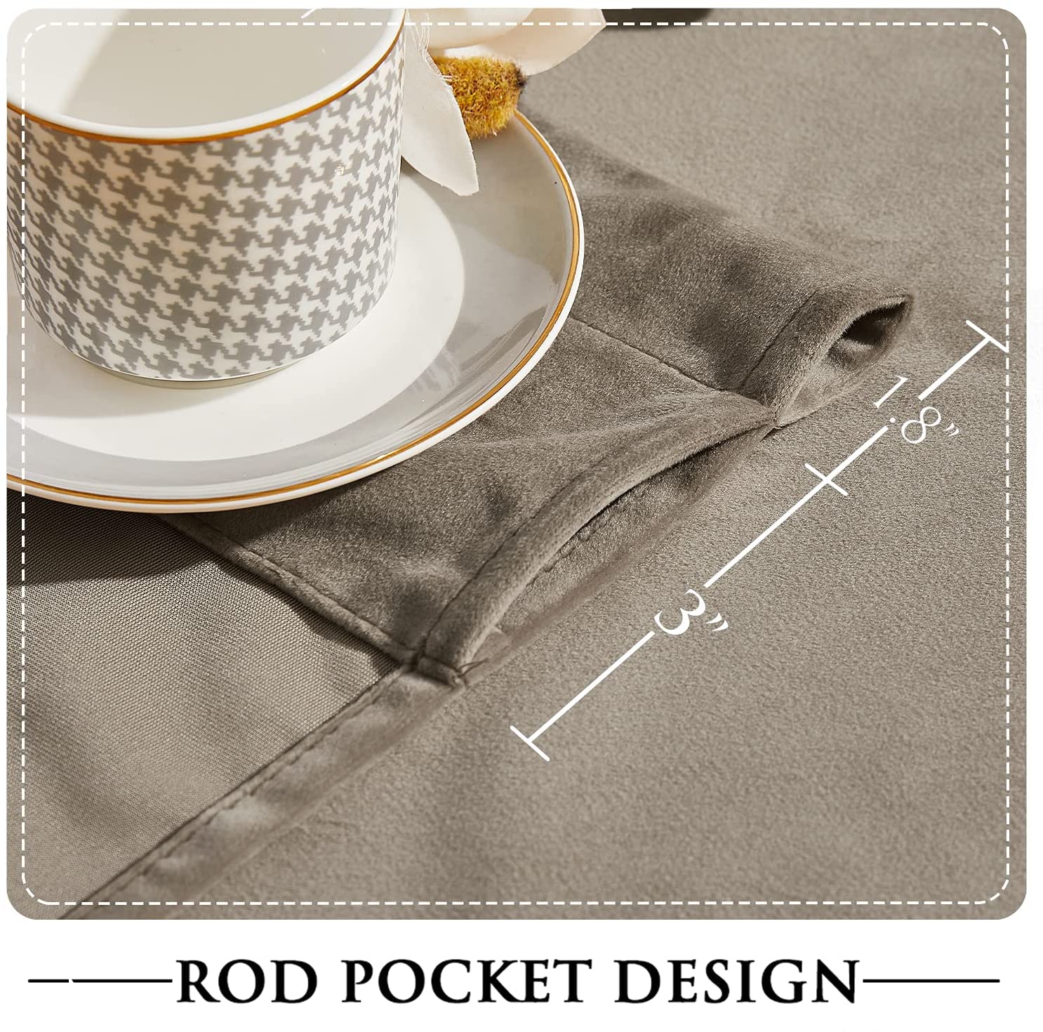 Close-up of a grey luxury velvet blackout curtain, highlighting the 3-inch rod pocket design and 1.8-inch top hem.