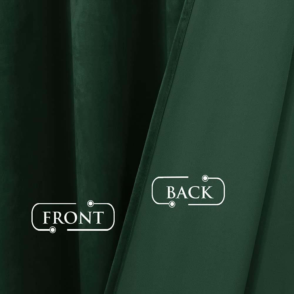 Close-up of dark green luxury velvet blackout curtain fabric, showing soft plush front and smooth, light-blocking back.