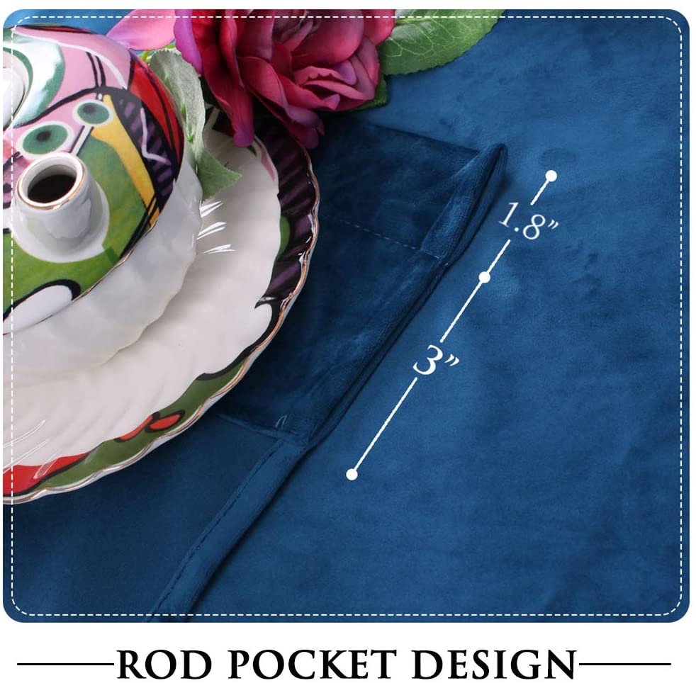 Rich blue velvet blackout curtain highlighting the rod pocket design, with a 1.8-inch header and 3-inch pocket for easy hanging.
