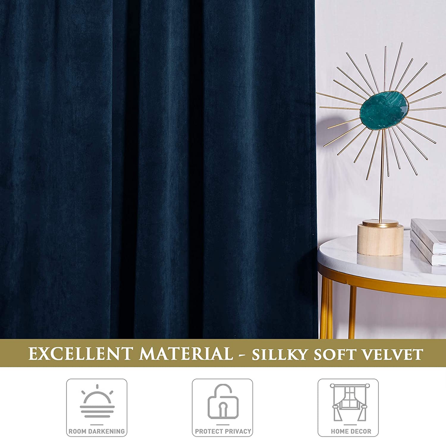 Luxury rod pocket dark blue velvet blackout curtains. Silky soft texture for living room & bedroom room darkening.