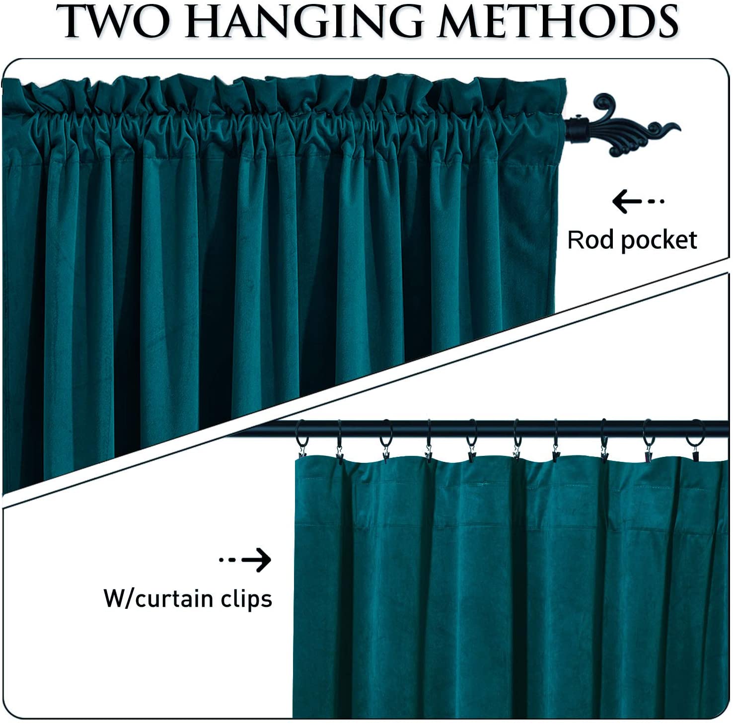 Emerald velvet blackout curtains showing two hanging methods: rod pocket and clip-on rings, ideal for living room & bedroom.