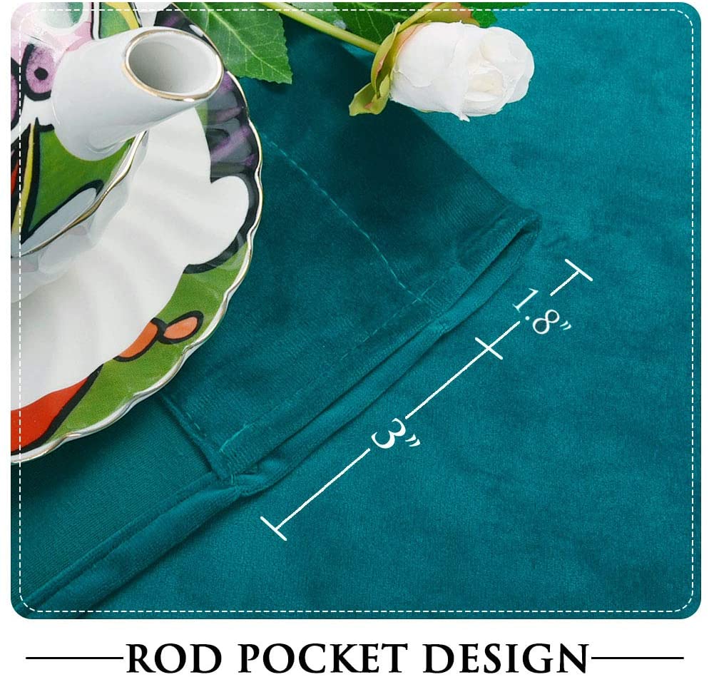 Close-up of teal velvet blackout curtain featuring rod pocket design with 1.8" opening & 3" height.