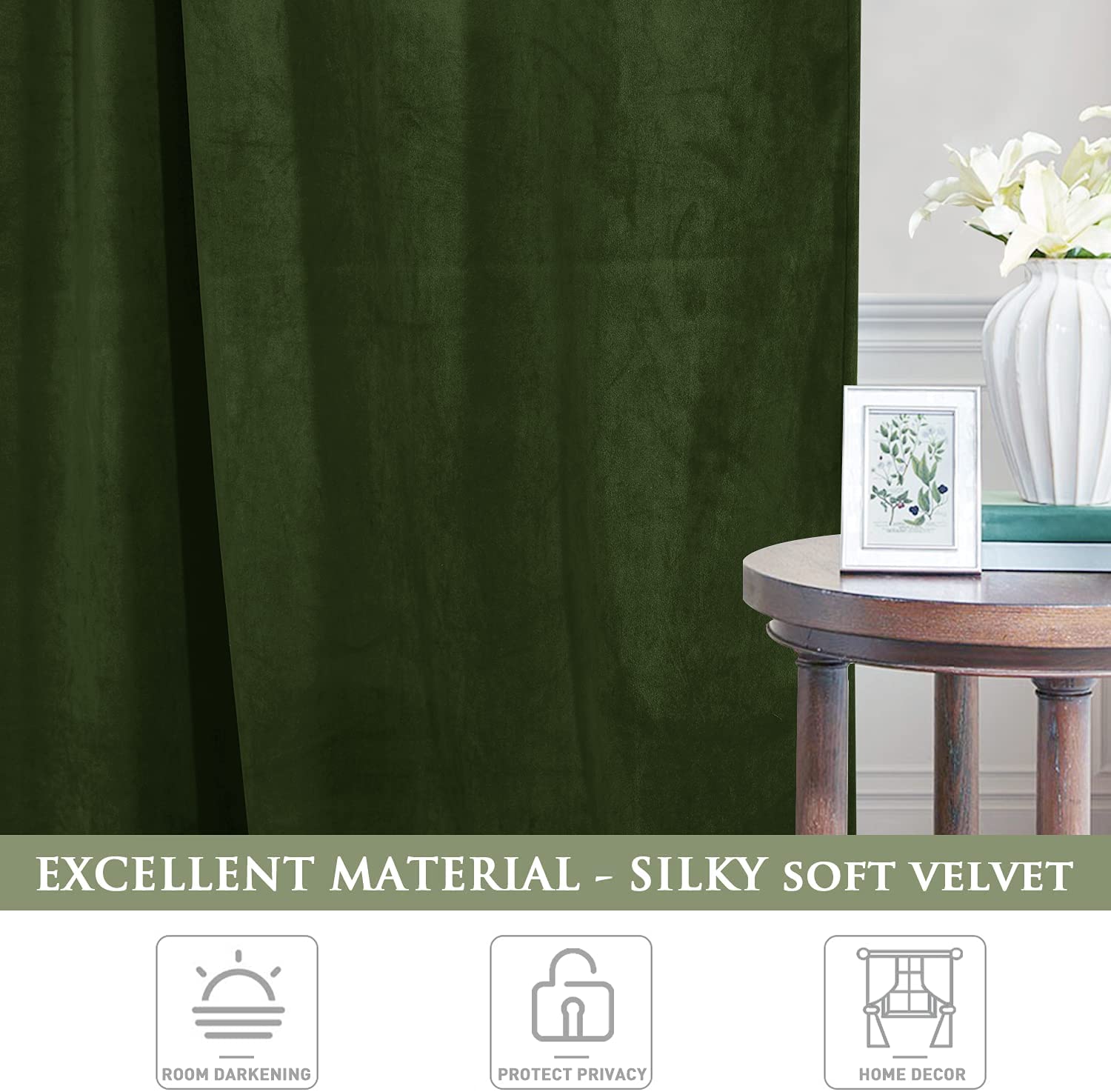 Close-up of luxurious deep green velvet blackout curtain fabric, highlighting silky soft texture for living room & bedroom.