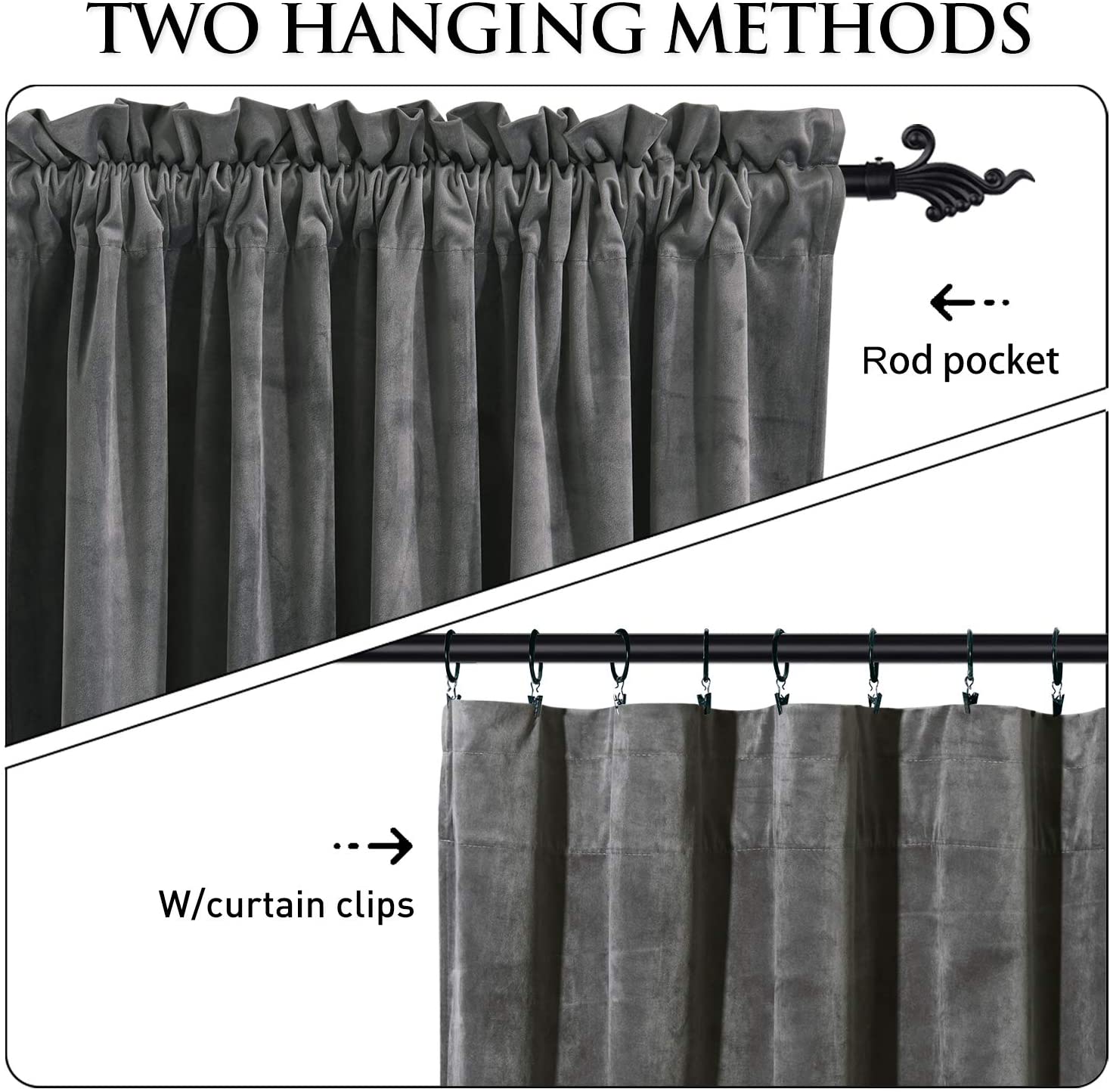 Rod pocket and curtain clip hanging options for grey velvet blackout curtains, ideal for living room or bedroom.