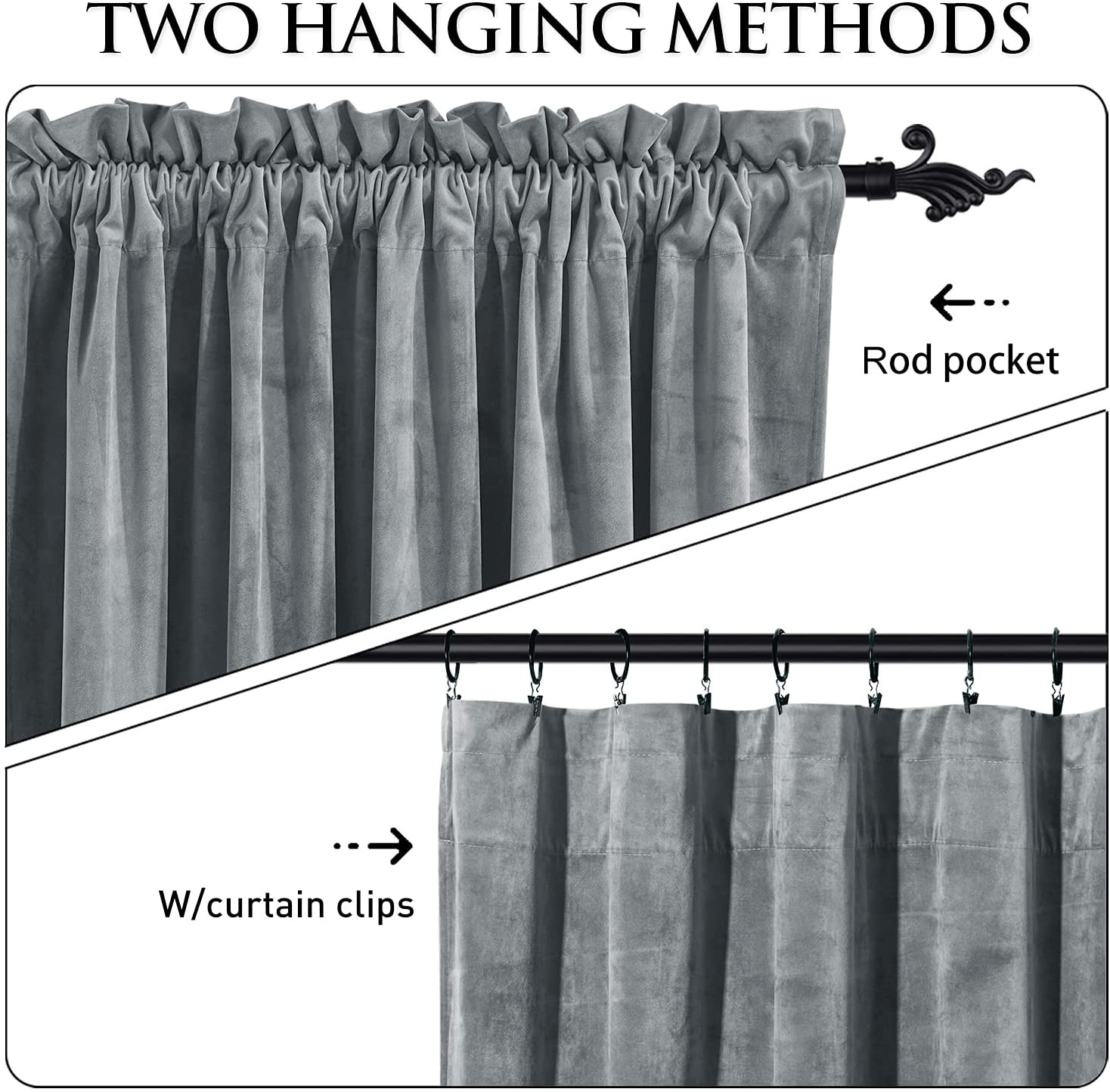 Grey luxury velvet blackout curtains showing rod pocket and curtain clip hanging methods, ideal for living room/bedroom.