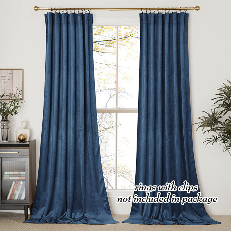 Elegant deep blue velvet blackout rod pocket curtains, 2 panels, for living room or bedroom privacy & light control.