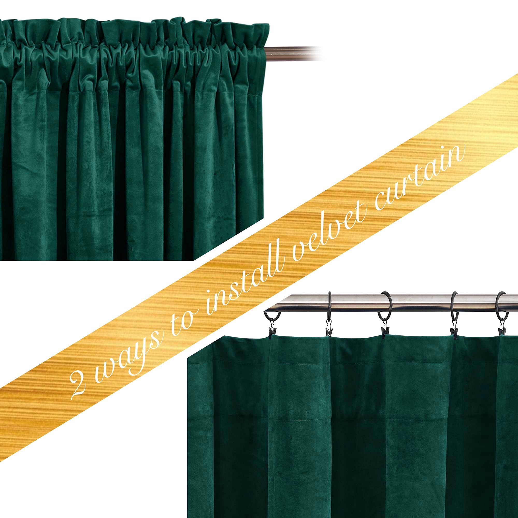 Two hanging methods for dark green velvet blackout curtains: rod pocket style and with clip rings on a rod, for privacy.