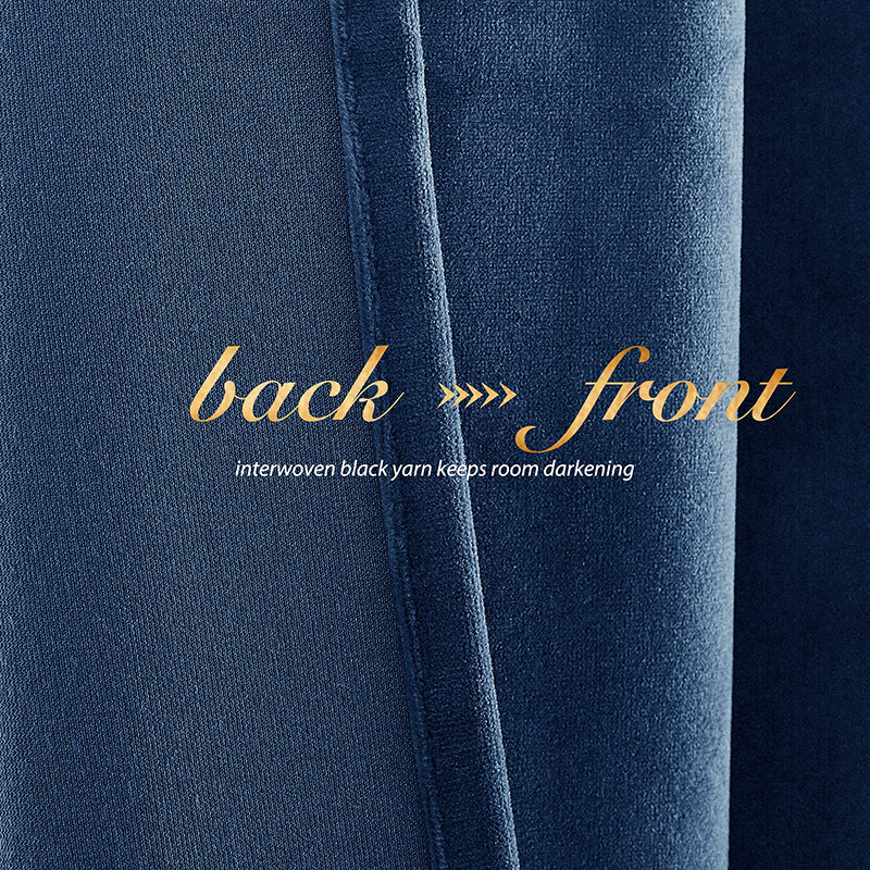 Dark blue velvet blackout curtain fabric, detailed front and back showing interwoven black yarn for room darkening.