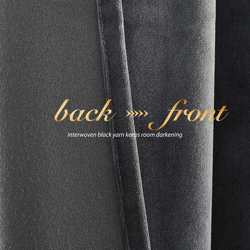 Close-up of KGORGE black velvet blackout curtain fabric, showing back & front with interwoven yarn for room darkening and privacy.