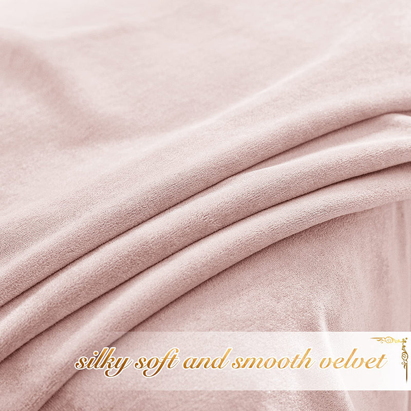 Pale pink, silky soft velvet curtain fabric, showcasing smooth texture and folds for luxurious blackout and privacy.