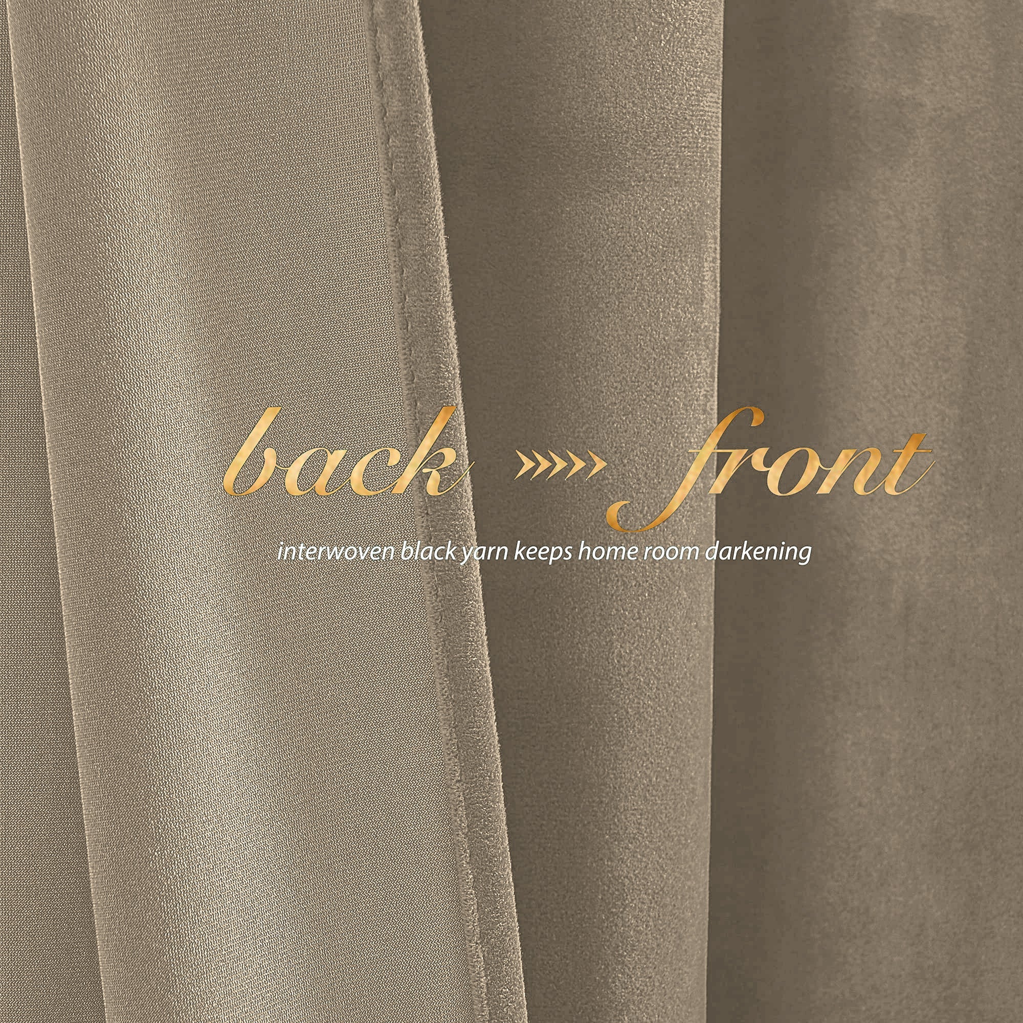 Velvet blackout curtain fabric close-up, showing smooth front and textured back with interwoven black yarn for room darkening.