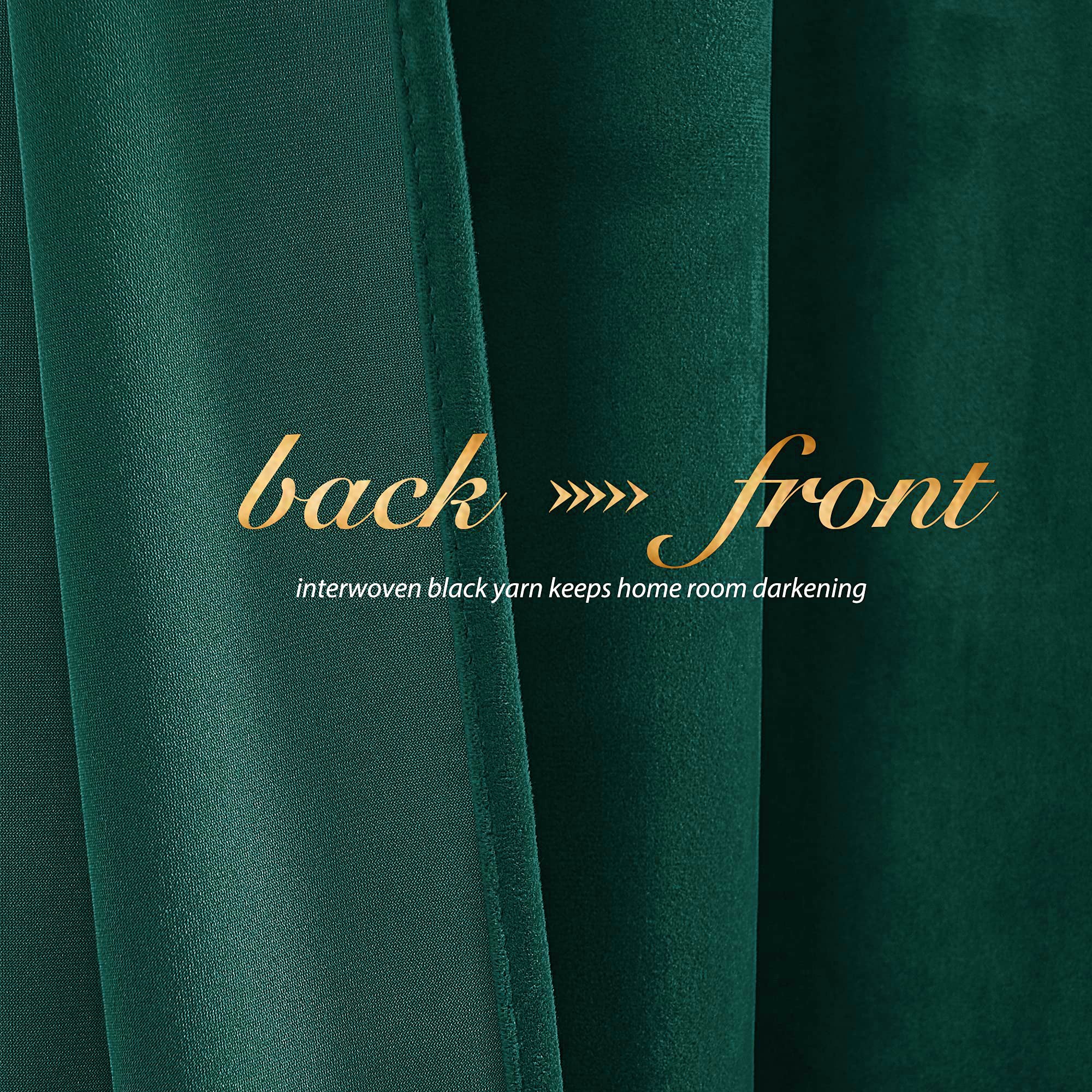 Dark green velvet blackout curtain fabric detail, showing woven back with interwoven black yarn for room darkening & smooth front.