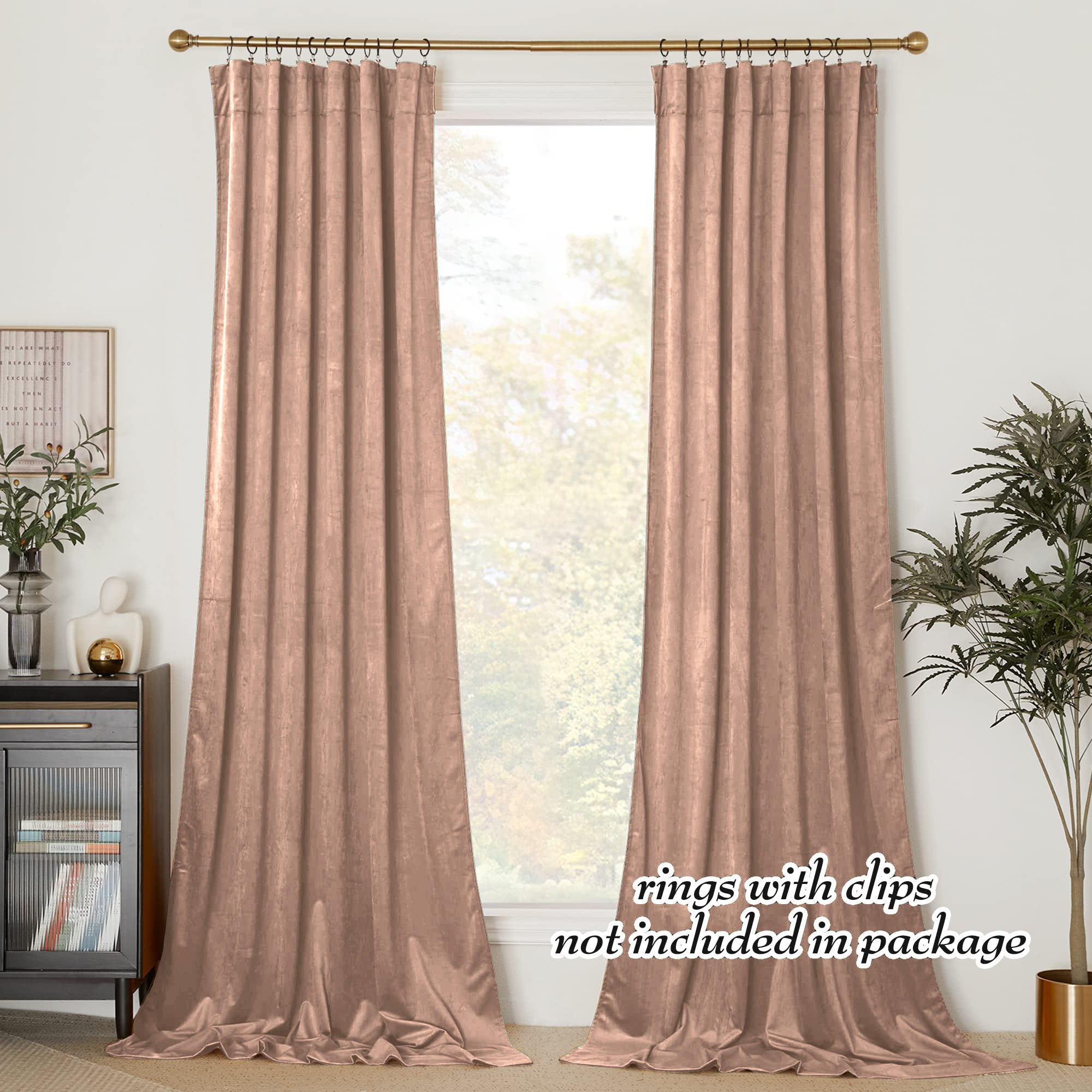 Two luxurious rose velvet rod pocket blackout curtains offering privacy protection. Full-length panels for living room or bedroom decor.