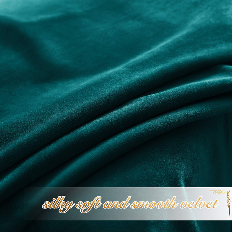 Close-up of deep teal, silky smooth velvet fabric for rod pocket blackout curtains, highlighting luxurious texture for privacy.