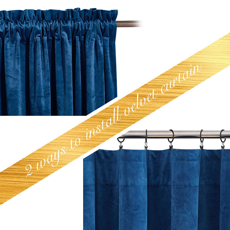 Dark blue velvet blackout curtain demonstrating rod pocket and clip ring installation methods for living room & bedroom.