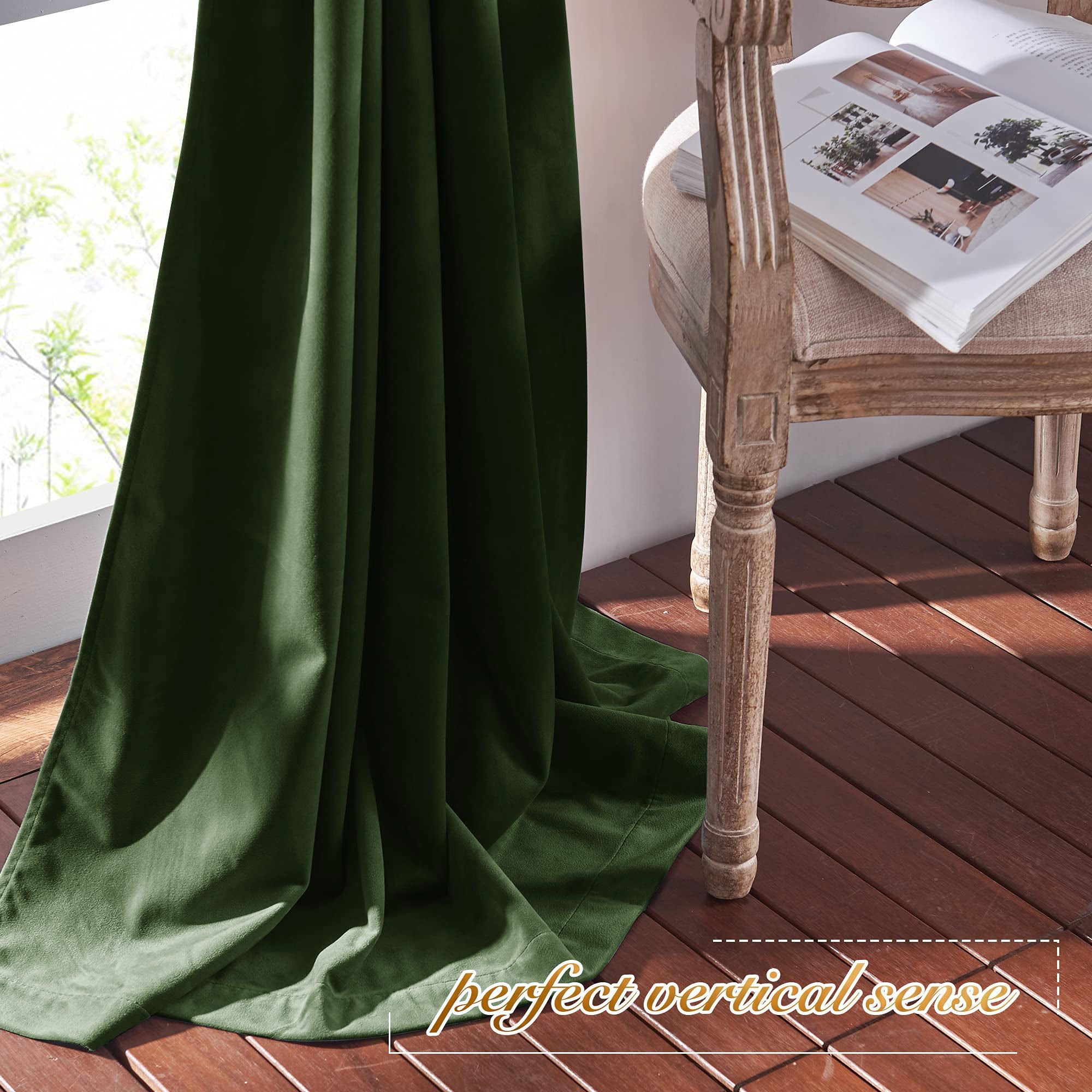 Dark green velvet rod pocket blackout curtain drapes elegantly to a wood floor, enhancing living room privacy & style.