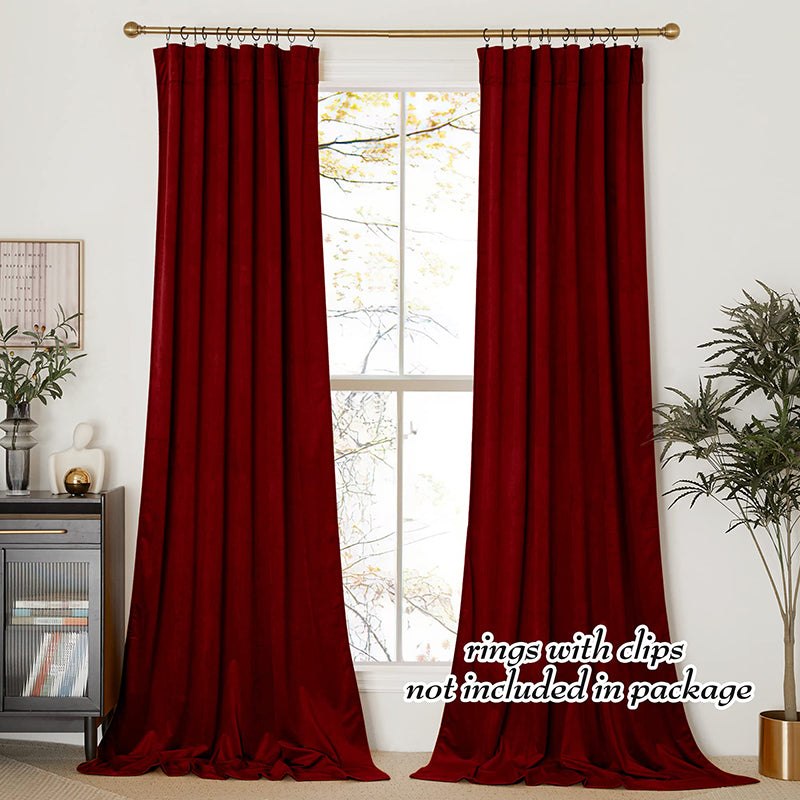 Two luxurious deep red velvet rod pocket blackout curtains fully closed, perfect for living room and bedroom privacy.