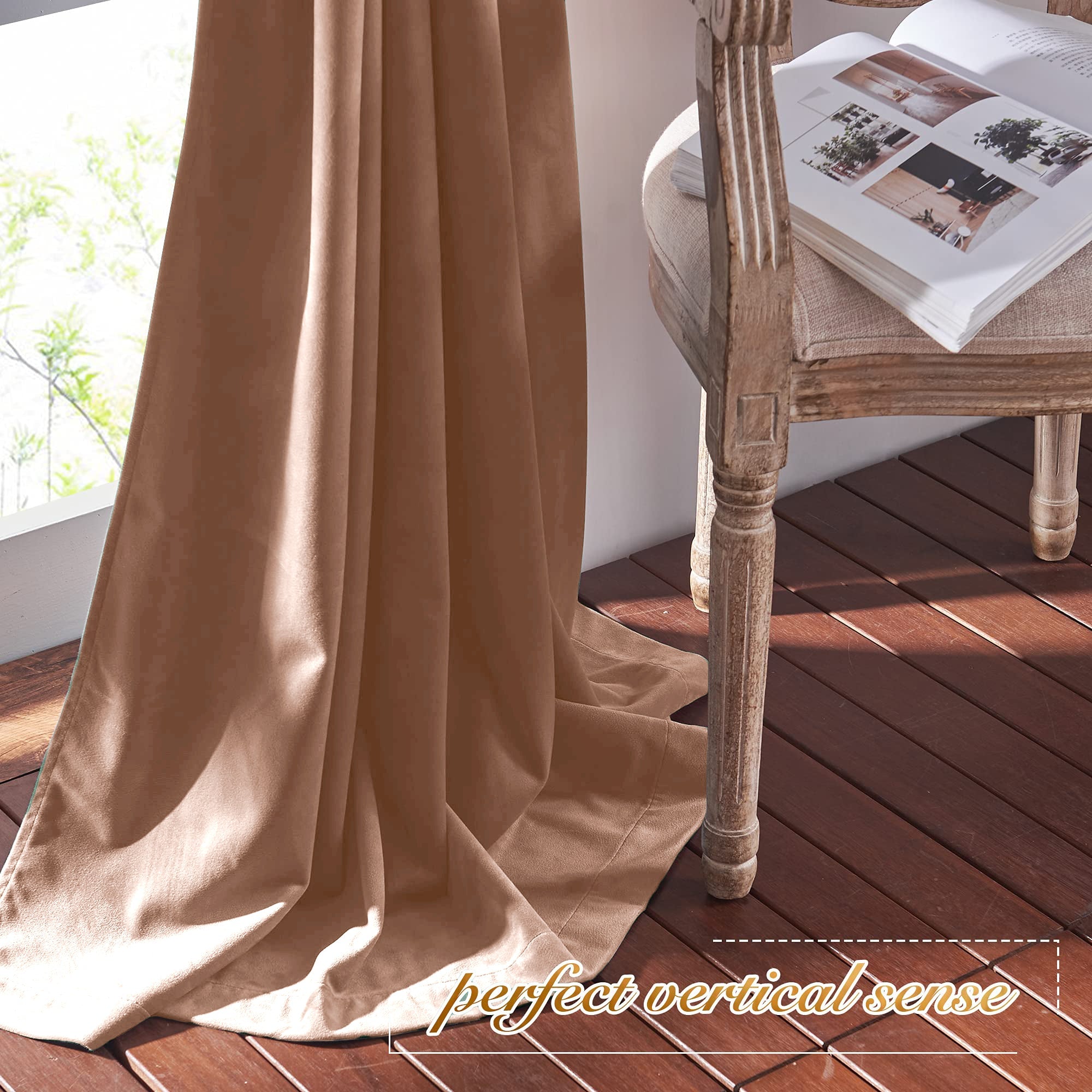 Elegant beige velvet blackout curtain for living room & bedroom privacy. Heavy fabric drapes beautifully from a rod pocket, pooling on the floor.