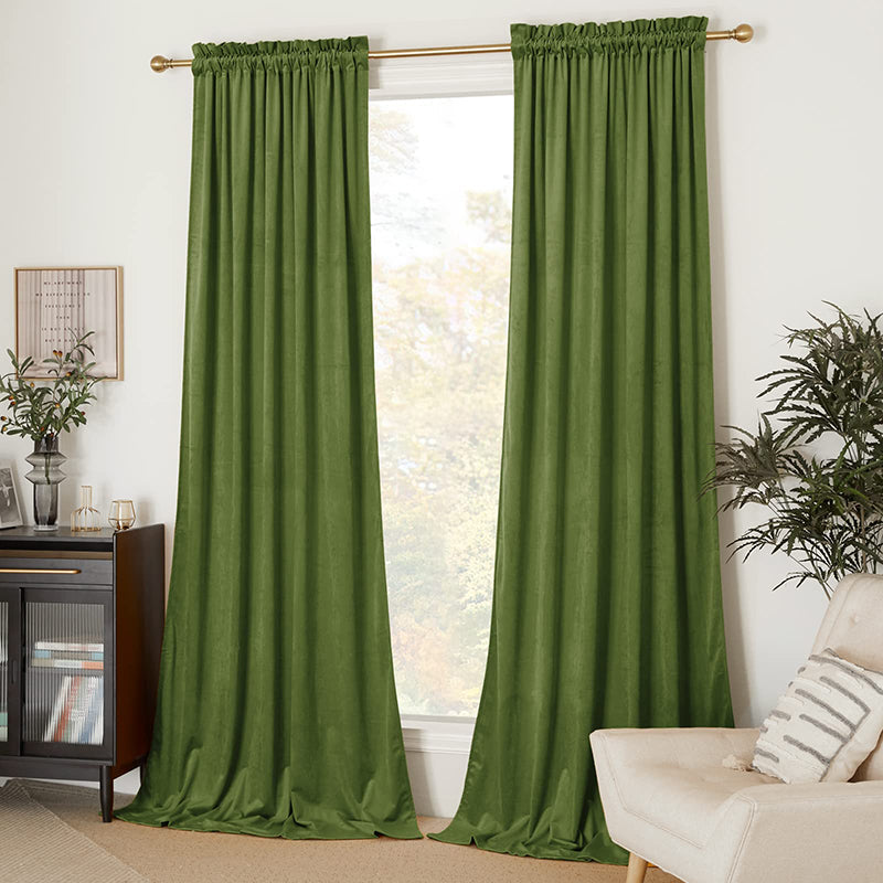Olive green velvet rod pocket blackout curtains for living room and bedroom privacy protection