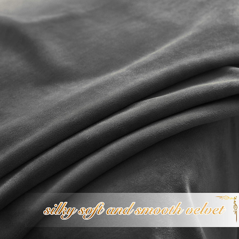 Close-up of luxurious dark gray velvet fabric, highlighting its silky soft, smooth texture, perfect for blackout privacy curtains.
