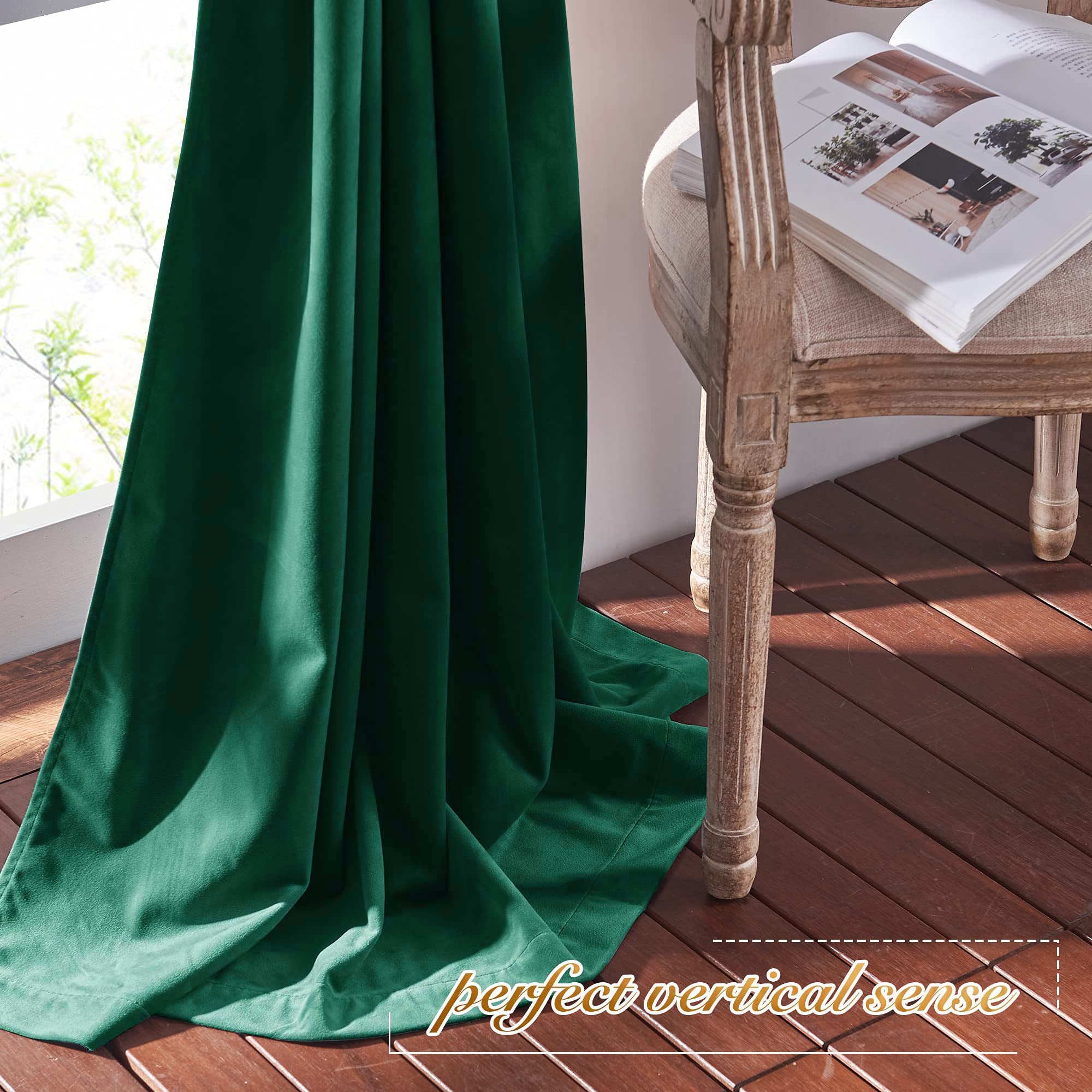 Plush deep green velvet rod pocket blackout curtain panel draped elegantly, providing privacy for living room or bedroom windows.