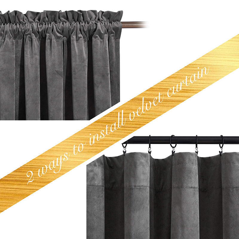 Grey velvet blackout curtains demonstrating rod pocket and clip ring installation options for living room & bedroom privacy.