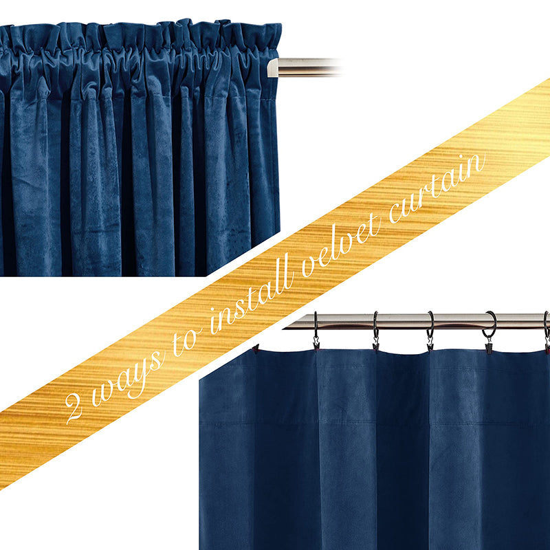 Navy blue velvet privacy protection blackout curtains shown with rod pocket and ring clip hanging styles.