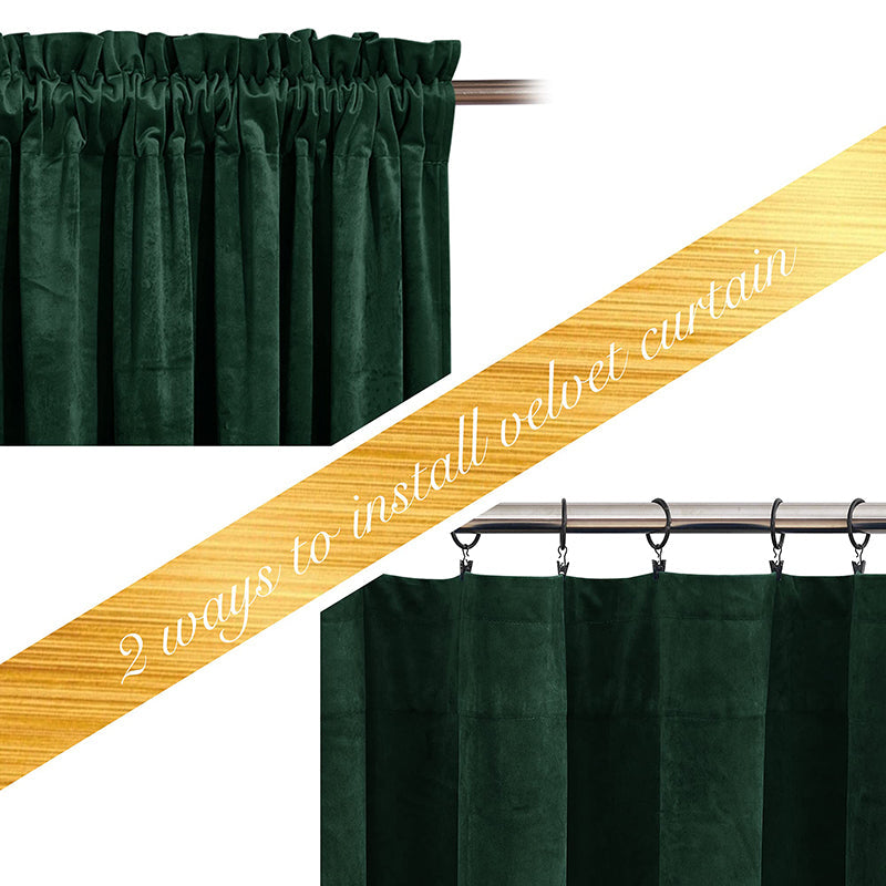 Dark green velvet blackout curtains showing rod pocket & clip ring hanging options for living room & bedroom.