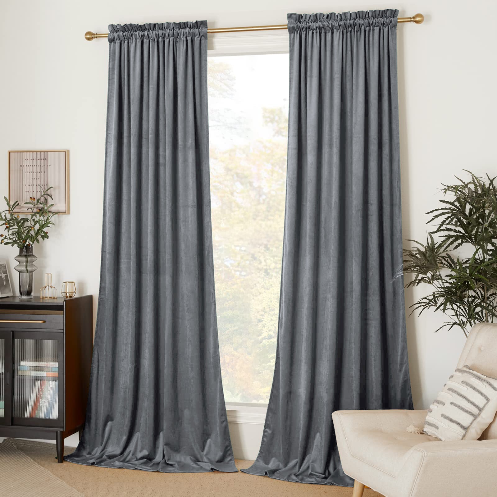 Two plush dark grey velvet rod pocket blackout curtains for living room and bedroom, offering superior privacy protection.