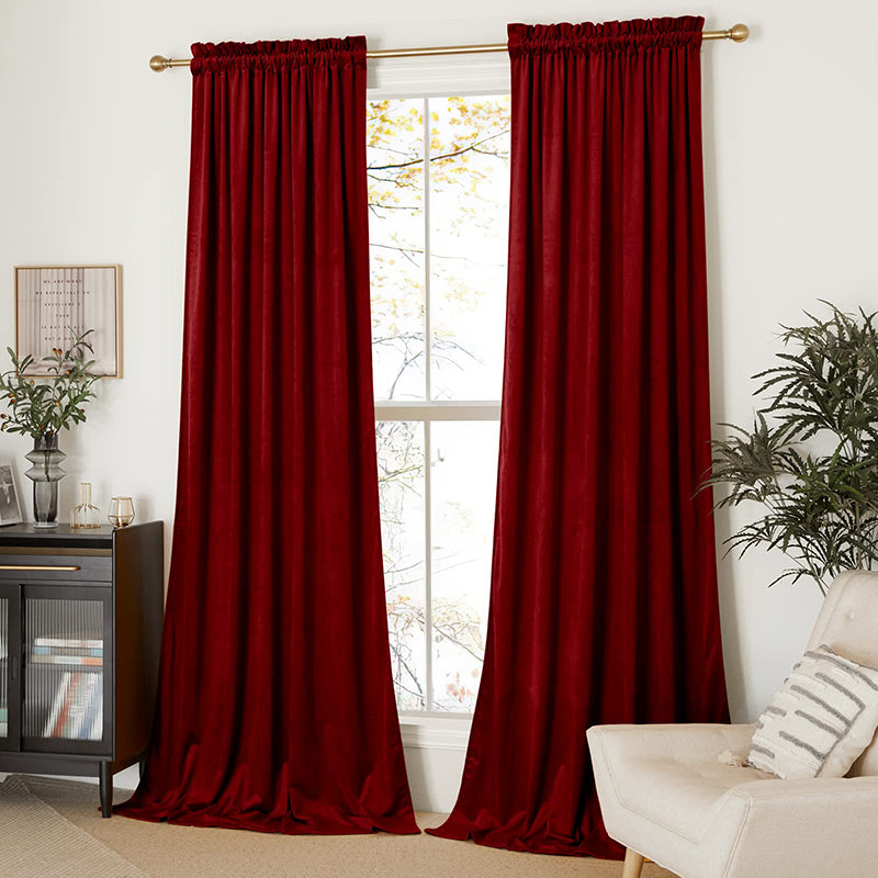 Elegant red velvet rod pocket blackout curtains for living room or bedroom. Two panels provide privacy & light control.