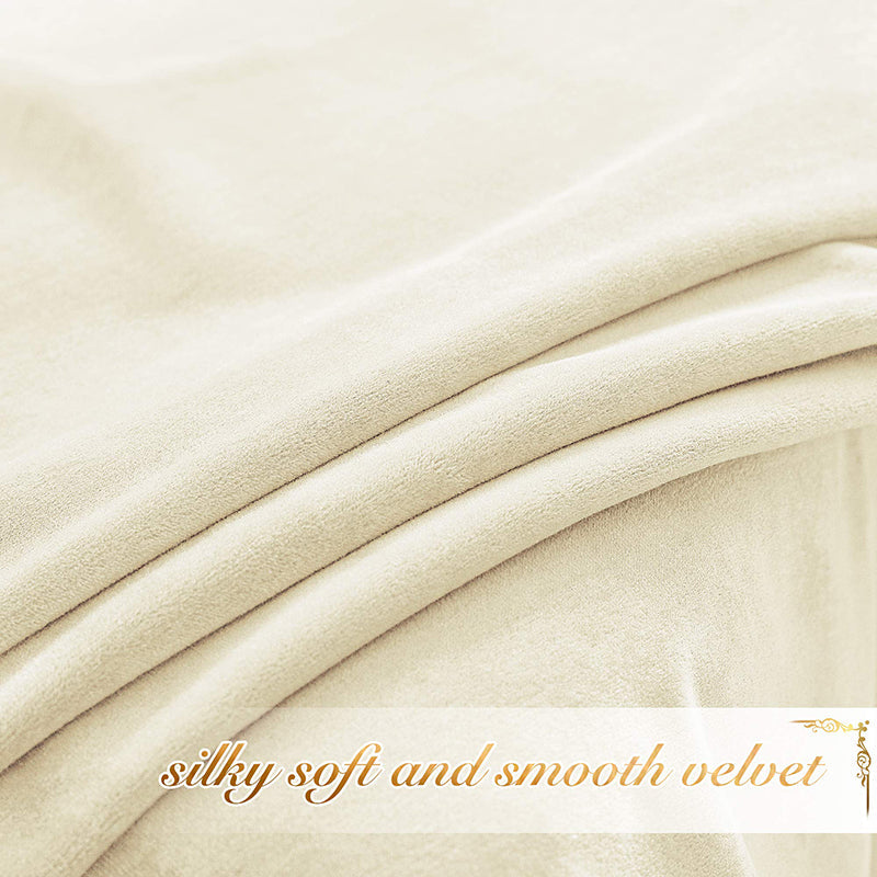 Close-up of soft, cream velvet curtain fabric, showcasing its plush, silky texture and elegant folds for privacy blackout panels.